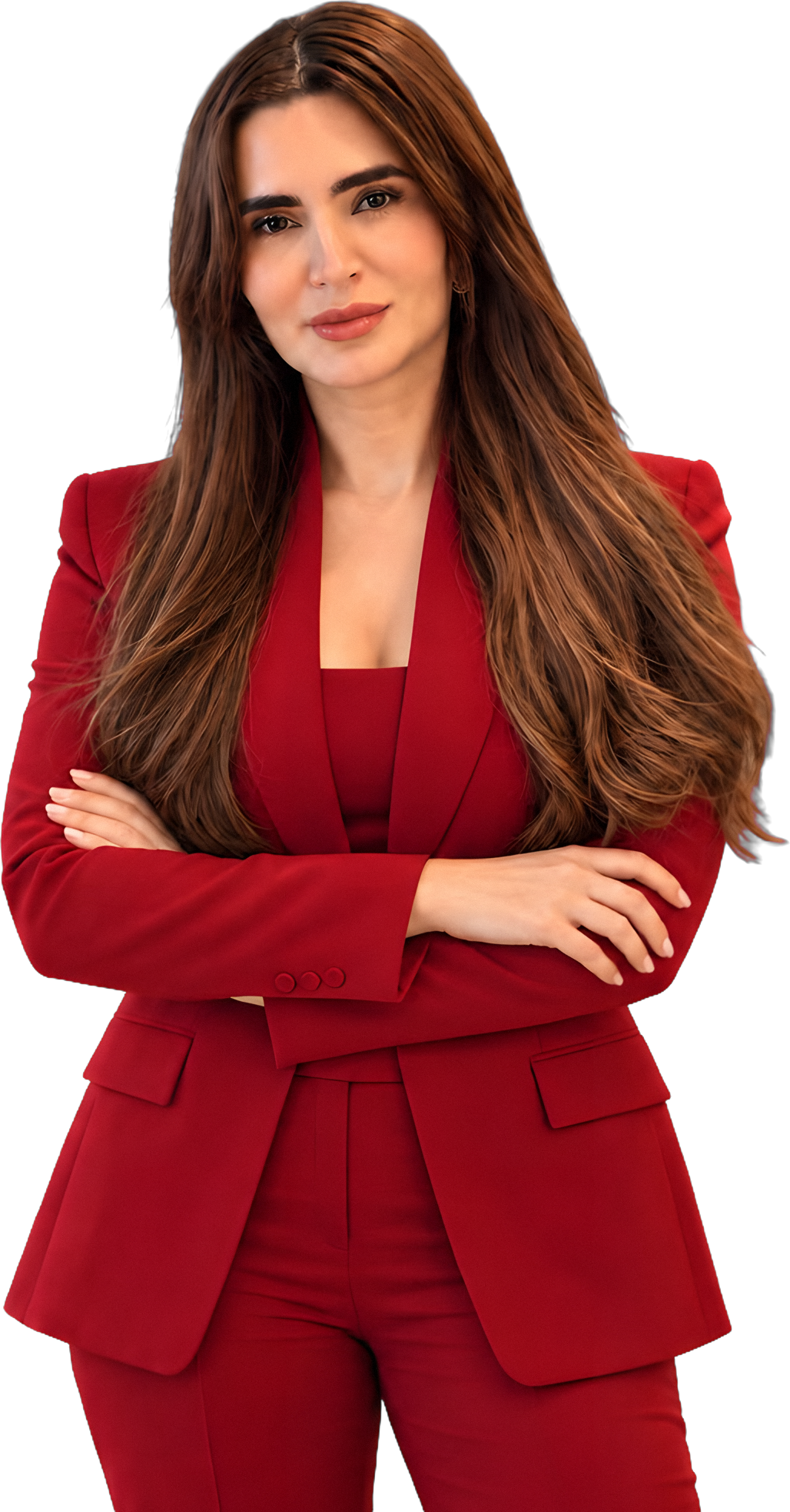 Elizabeth Rodríguez Pavón, de traje rojo y brazos cruzados
